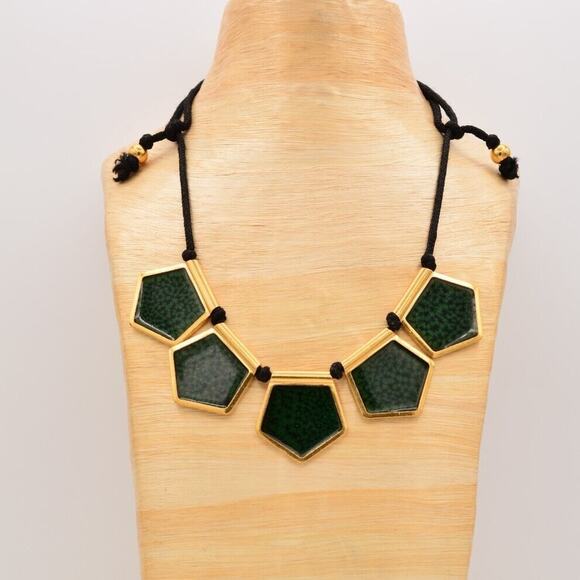 YSL Vintage Collar Necklace Green Black Enamel Gold Cord Heavy Signed 80s Bin3B - Picture 1 of 12